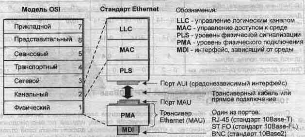 Структура уровней стандарта Ethernet, AUI интерфейс и трансивер